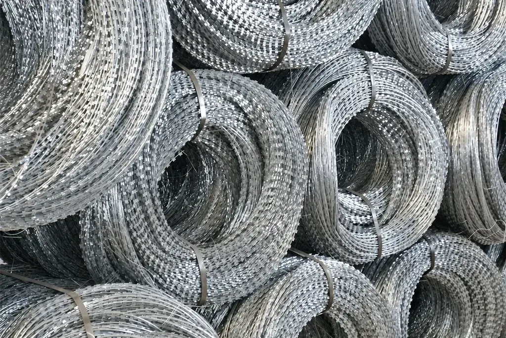 Multiple compact rolls of concertina razor wire stacked for supply