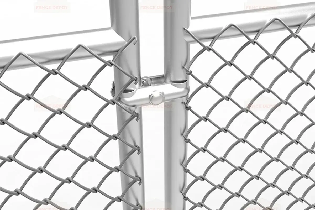 Metal clamp securing chain link fence mesh to a round post