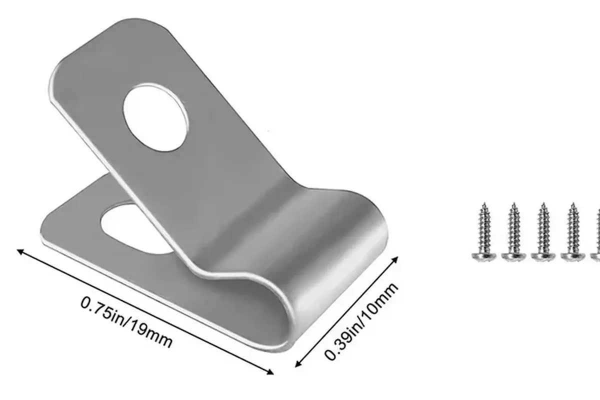 Metal fence wire clip shown with dimensions and separate fasteners