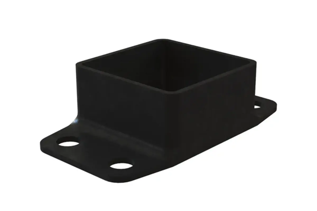 Black square fence bracket with mounting holes in two side lugs