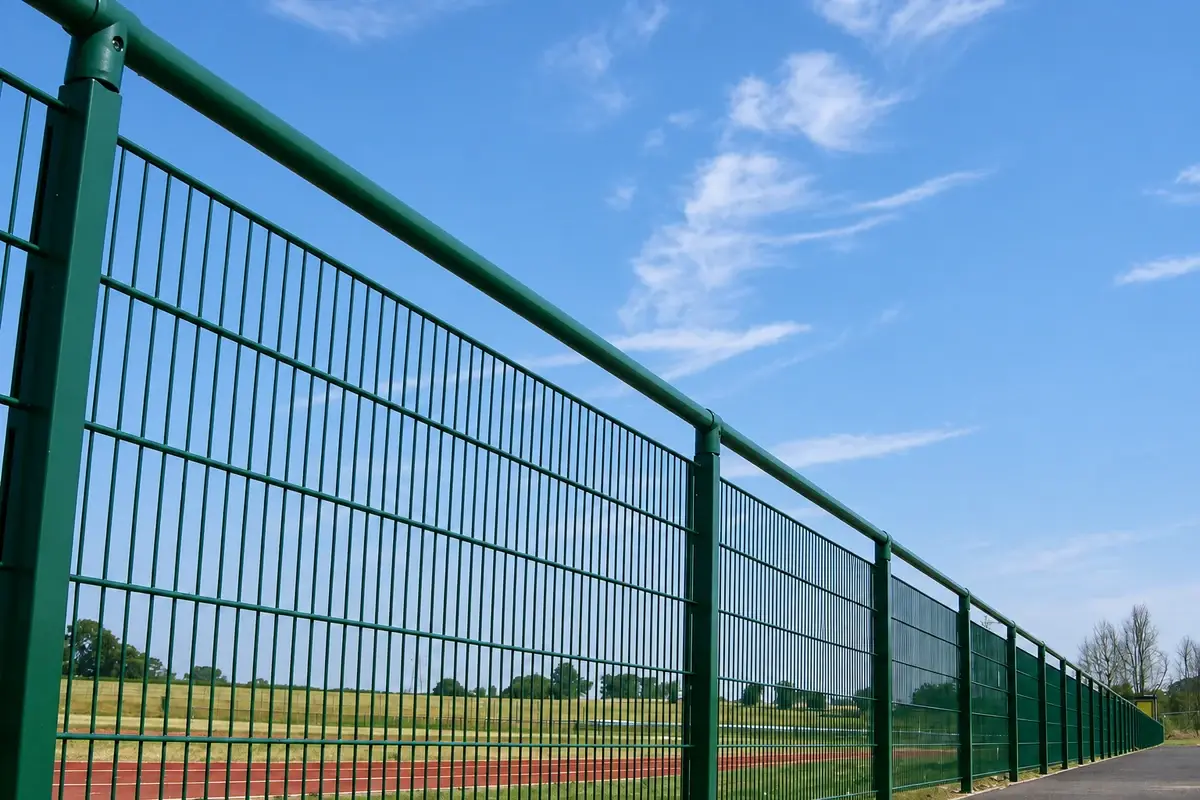 Green metal spectator rail beside a sports field