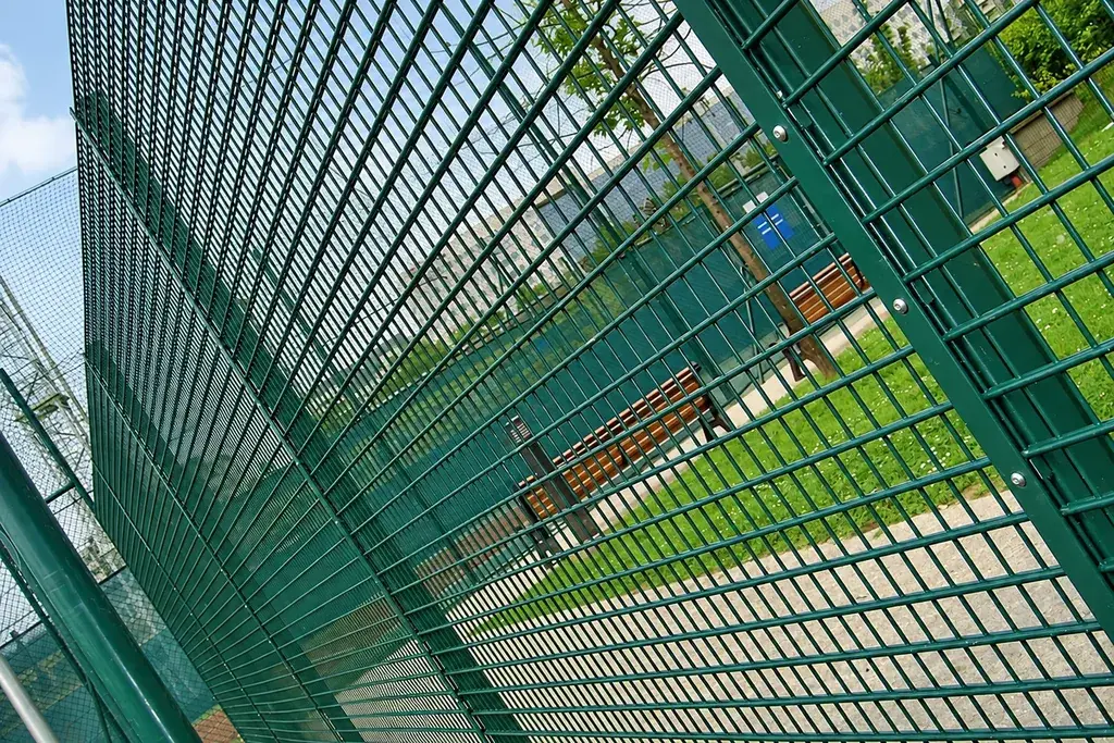 Green sports mesh panels and posts viewed from below