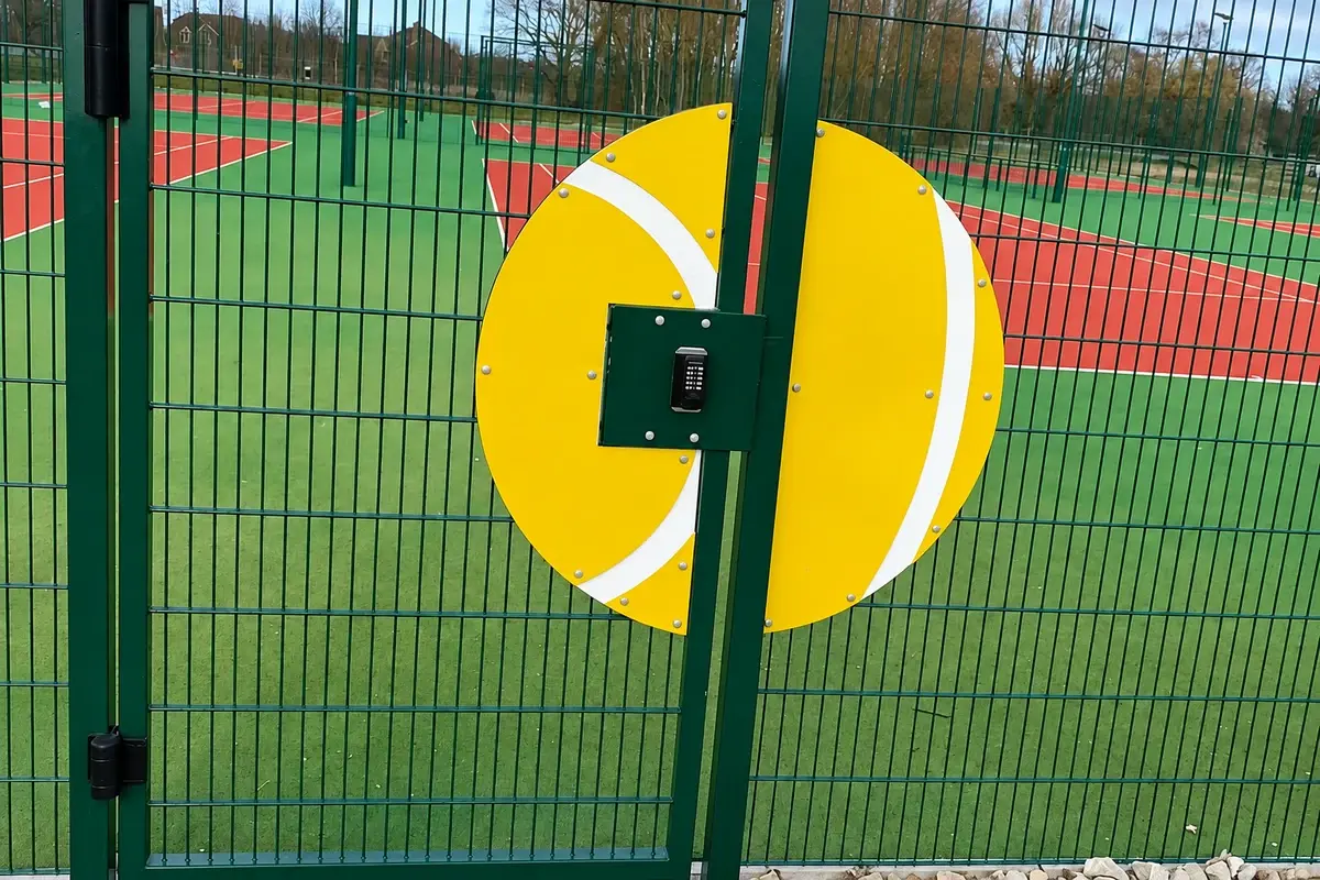 Round sign mounted on a green tennis court mesh fence