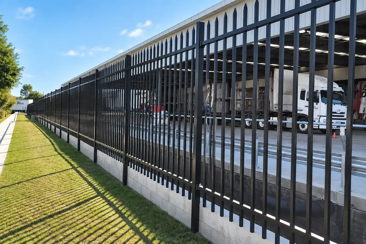Long straight run of black steel fencing beside a paved route