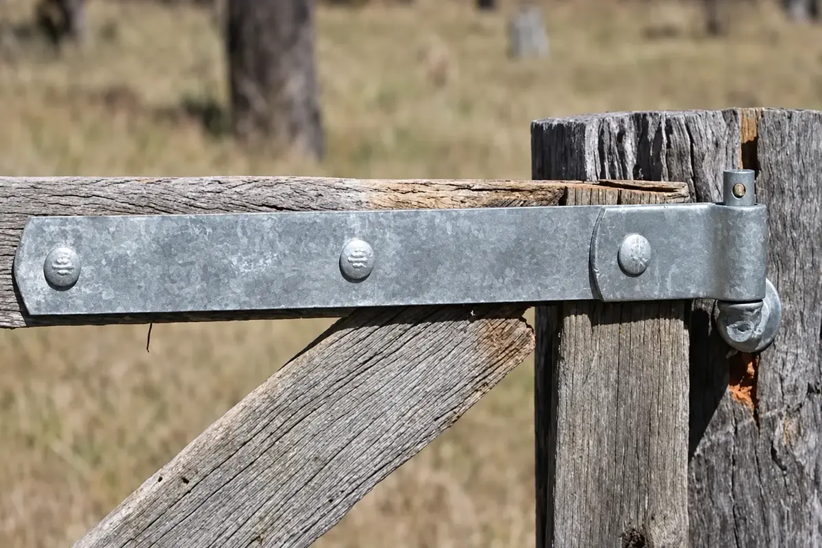 Galvanized metal strap hinge fixed to a gate and timber post