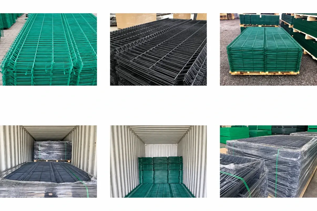 Six views of mesh fence panels stacked, wrapped and loaded for shipping