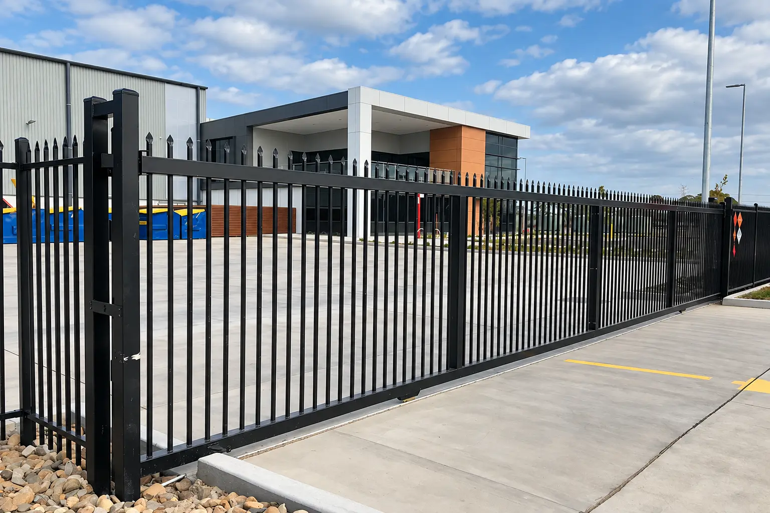 Black tracked sliding vehicle gate at an industrial building entrance