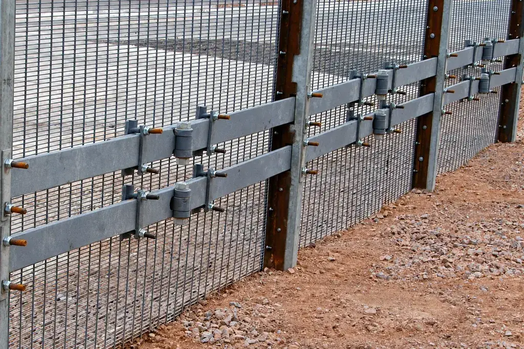Metal mesh fence panels joined by bolted horizontal support brackets