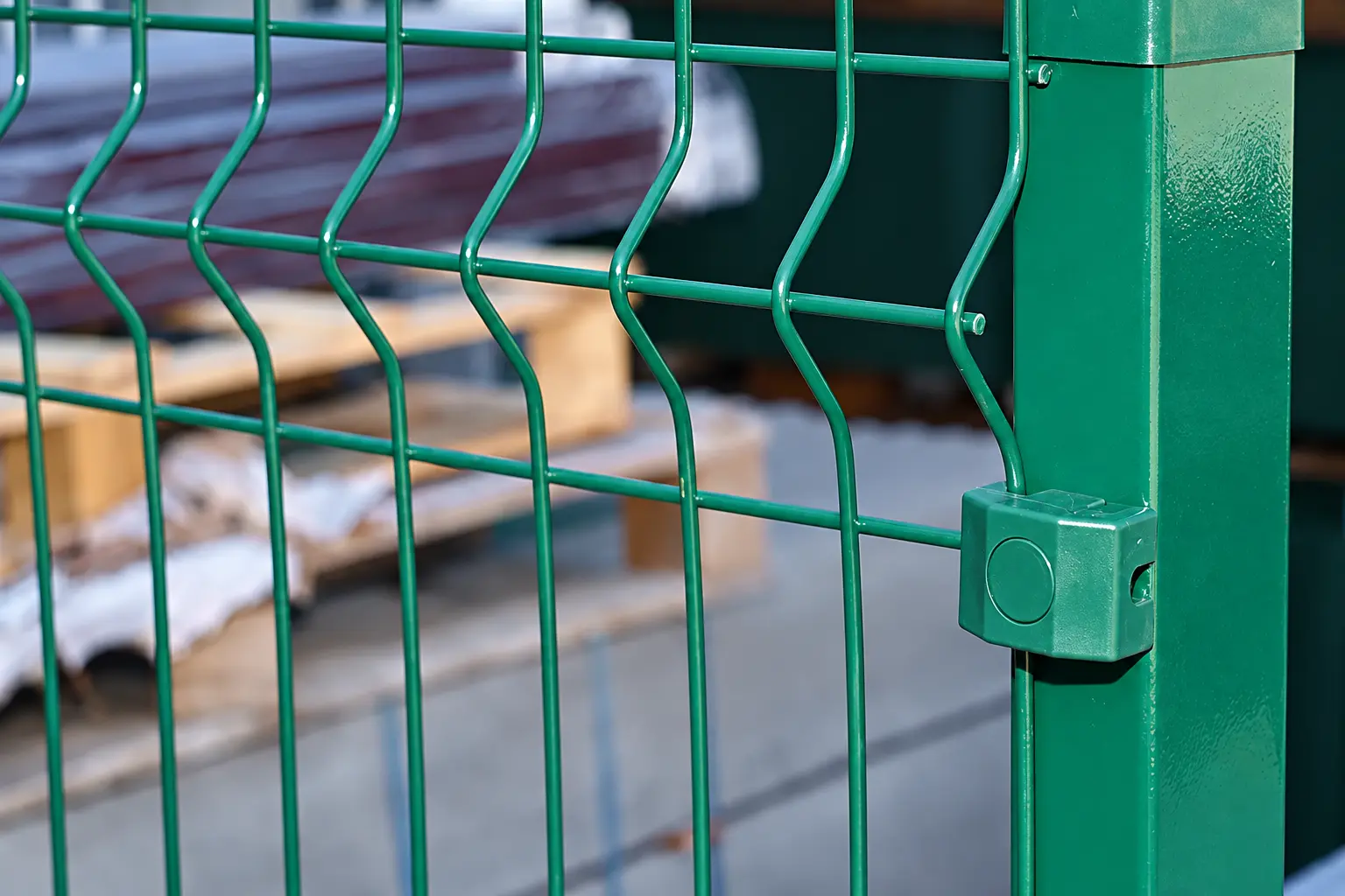 Green welded mesh panel attached to a square post with a mounting bracket