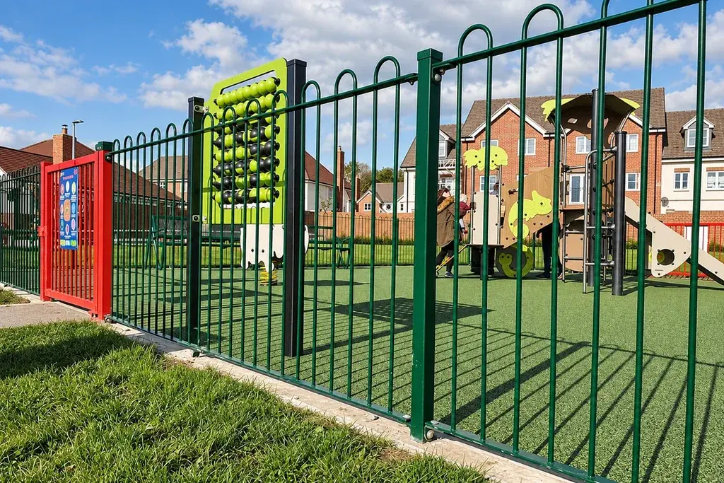Green bow-top railings and red gate around a play area