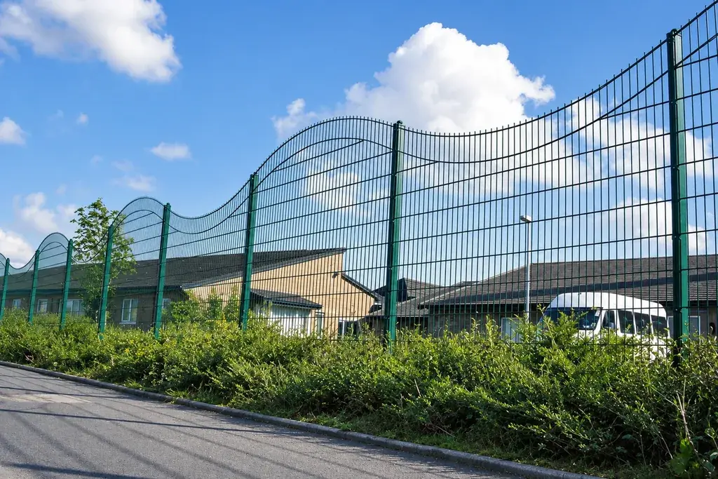 Green welded mesh perimeter fence beside a school building