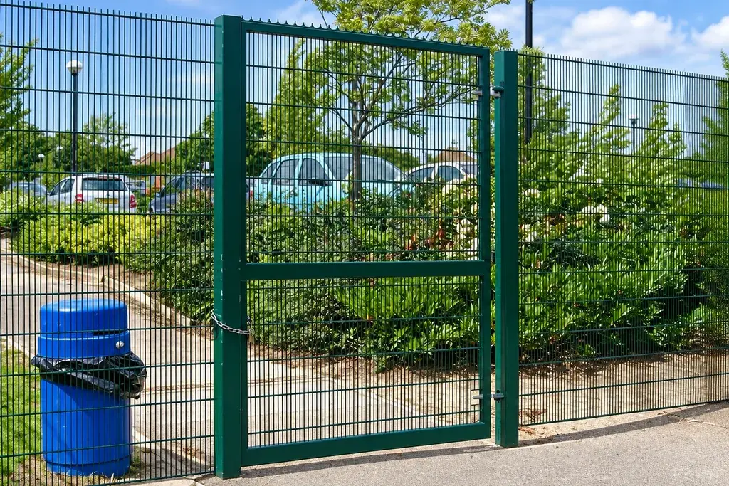 Green pedestrian mesh gate beside a paved access path