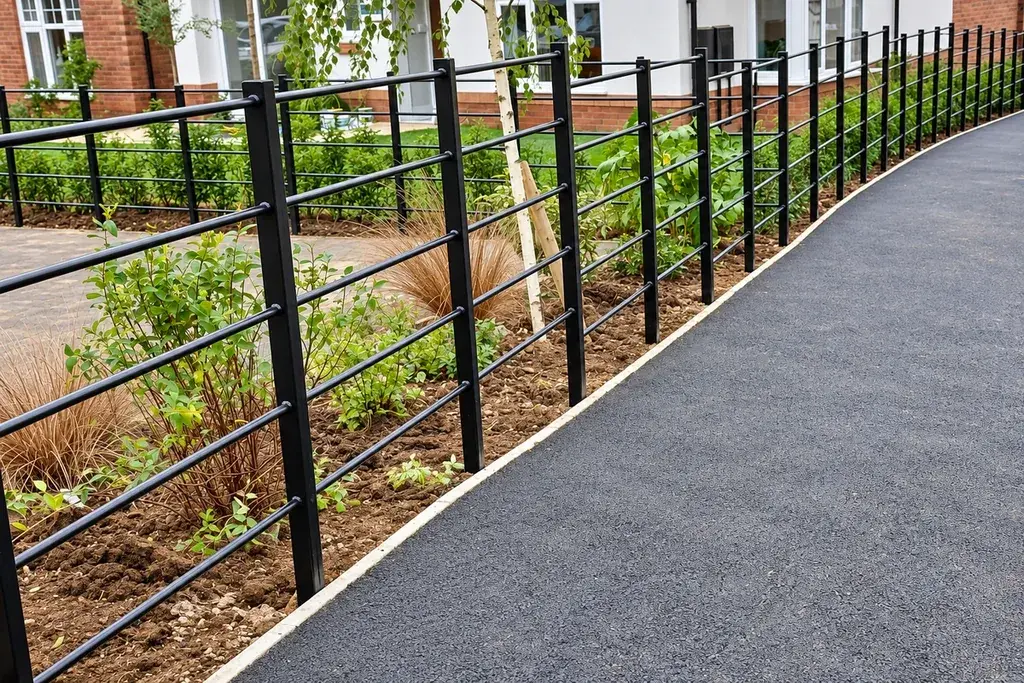 Black estate railings beside a paved pedestrian path and planting