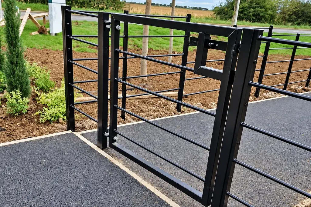 Black pedestrian gate within matching estate railings beside a paved path