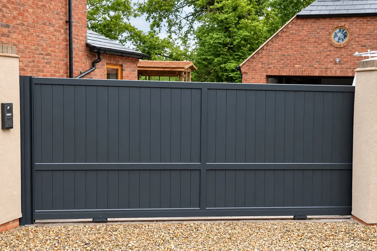 Dark vertical board sliding gate across a gravel vehicle entrance