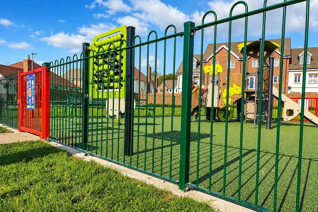 Red pedestrian gate in a green bow-top fence around a playground