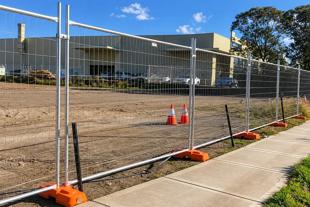 Temporary welded mesh fence panels beside a paved pedestrian route