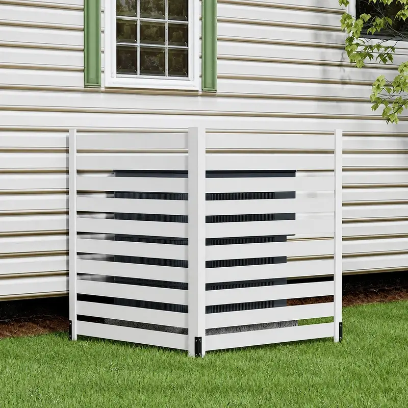 White slatted three-sided screen around an outdoor air-conditioning unit