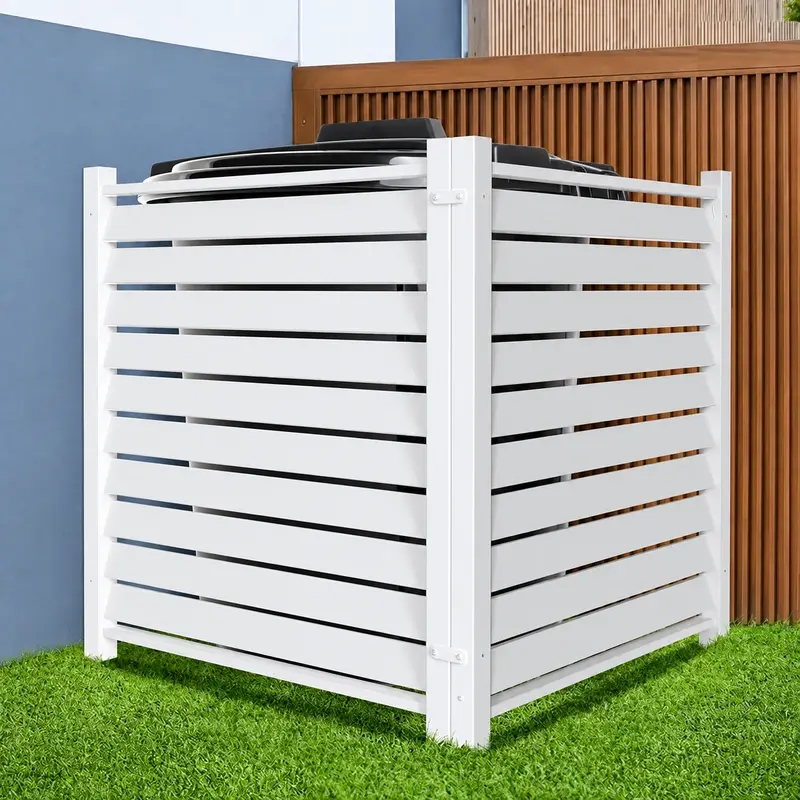 Wheeled waste bins partly concealed by a white slatted three-sided screen