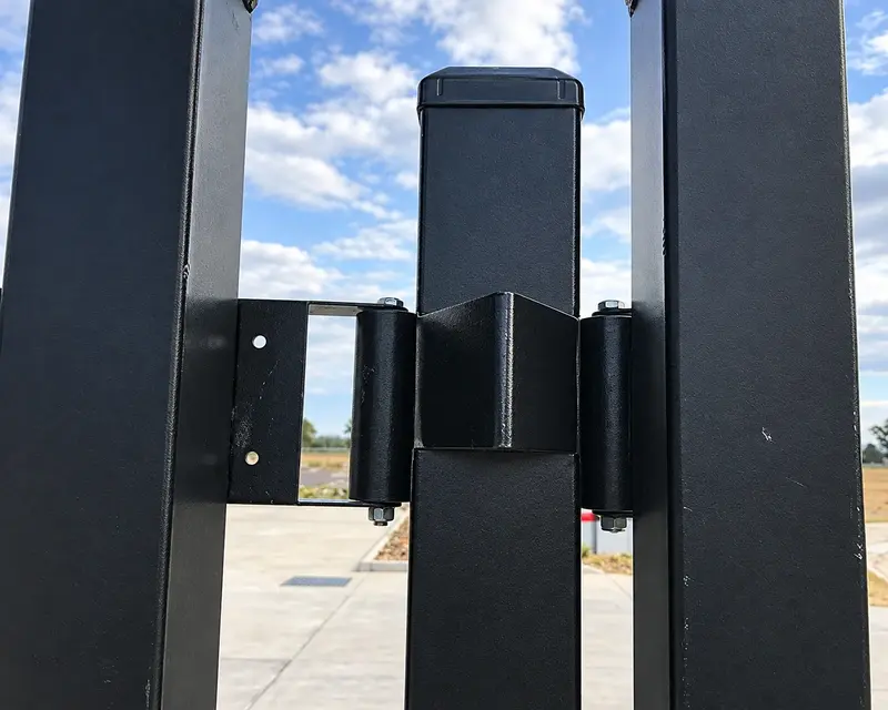 Black metal hinge connecting a gate frame to a square post