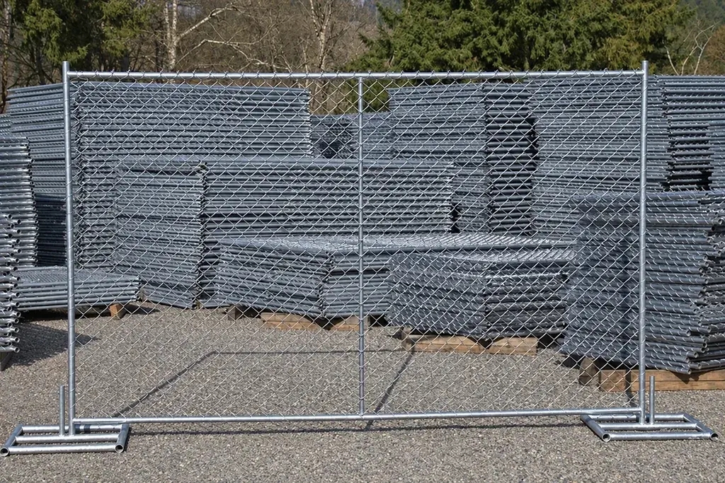 Temporary chain link fence panels stacked together for storage