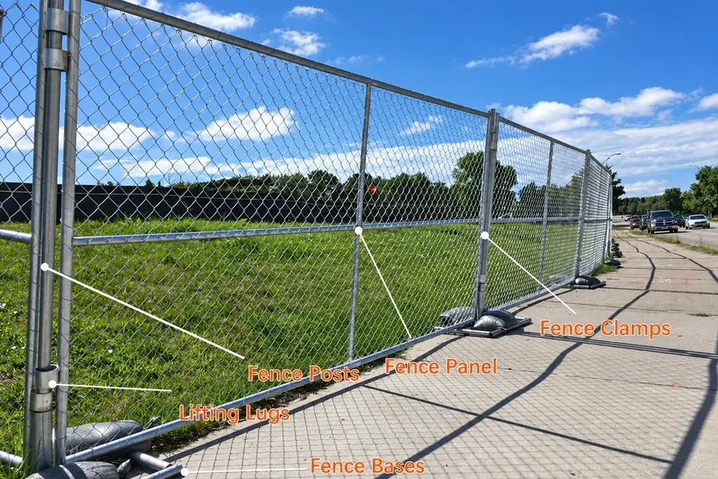 Temporary chain link fence with angled braces and surface feet beside a paved route