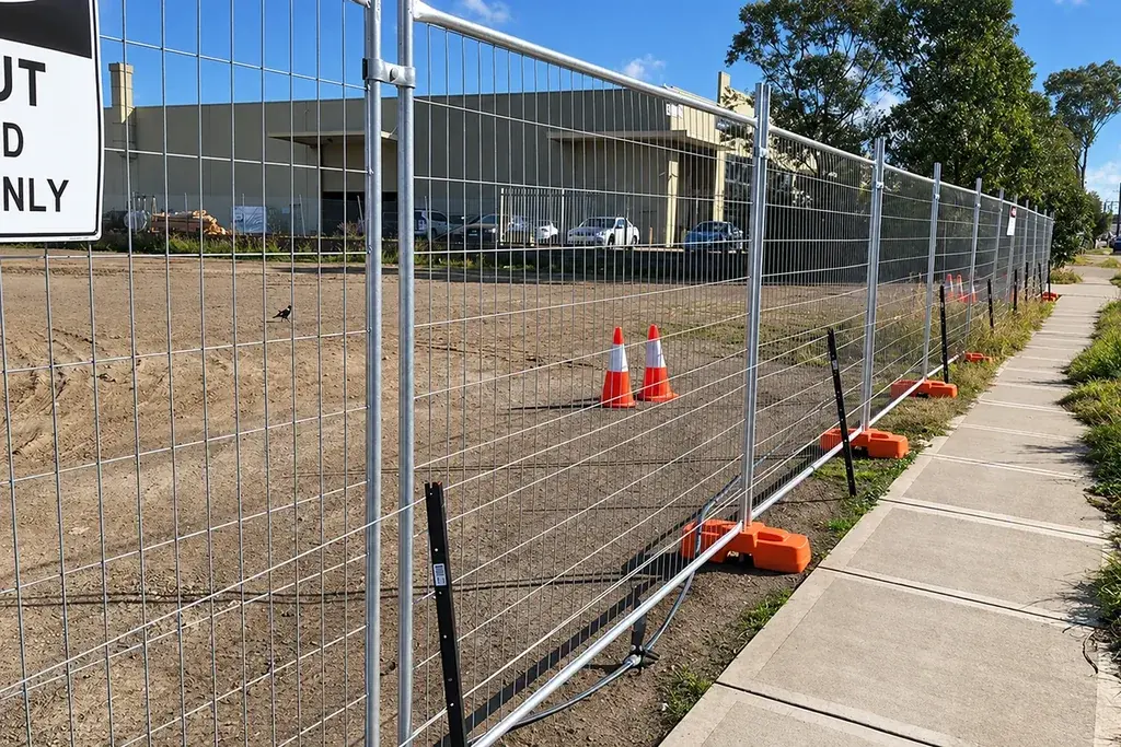 Freestanding temporary welded mesh fence along a construction site boundary