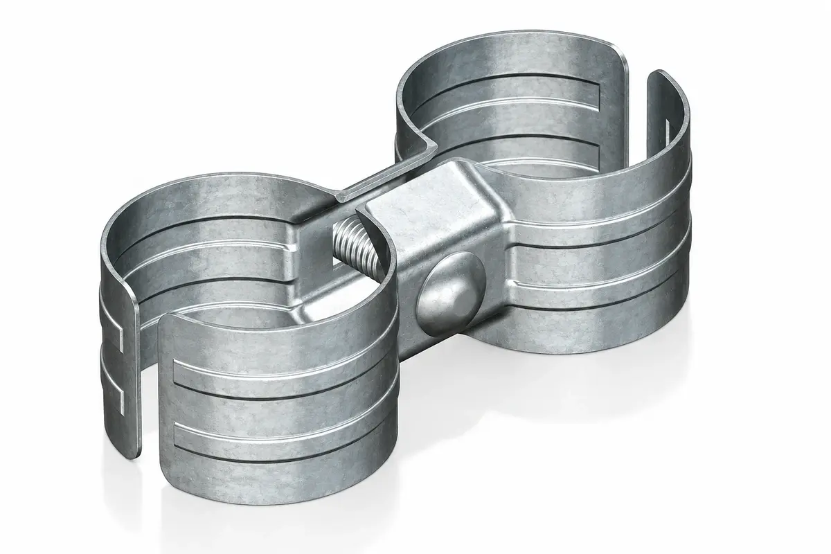 Galvanised metal coupler for joining two round temporary fence tubes