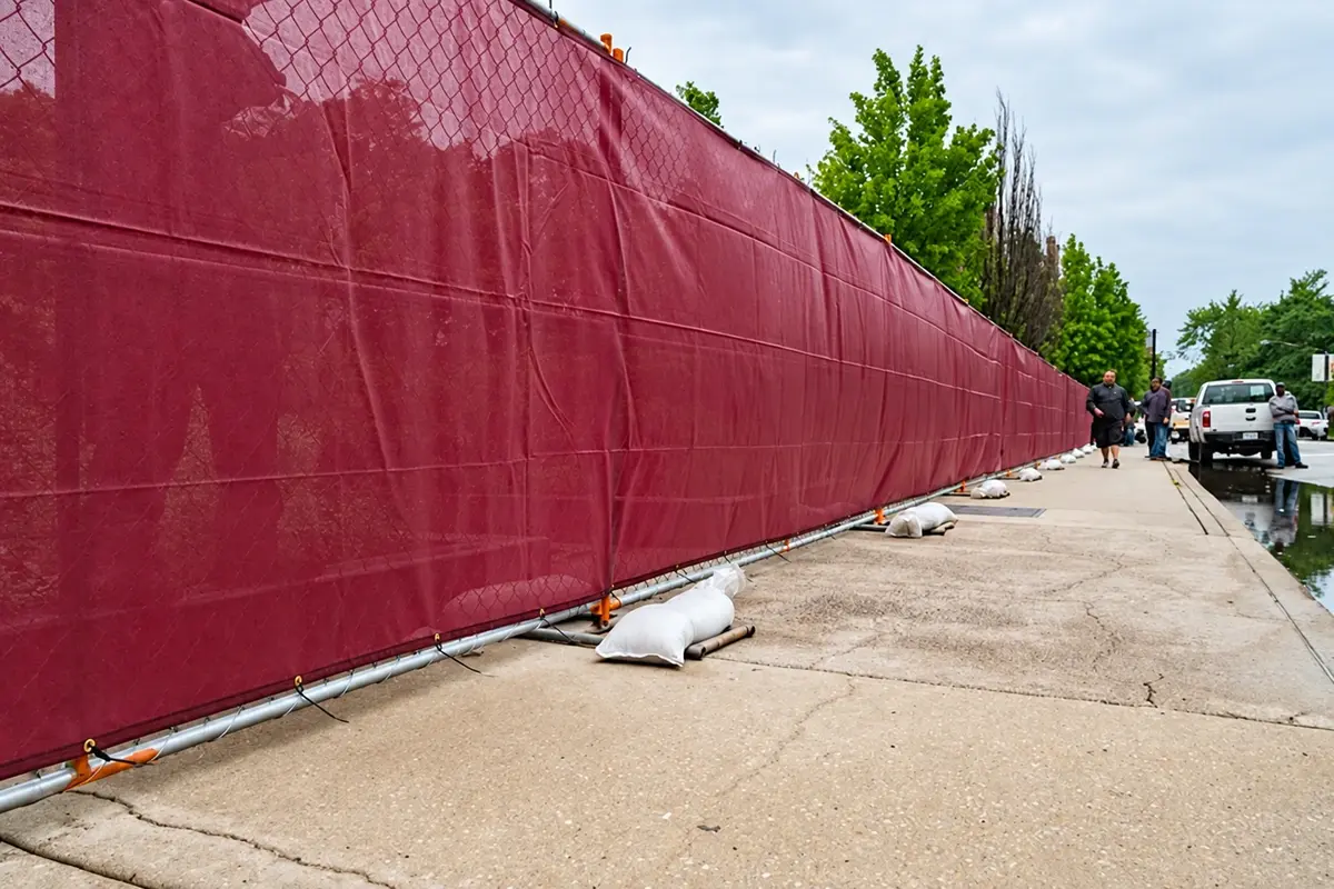 Long temporary fence run covered with red screening material