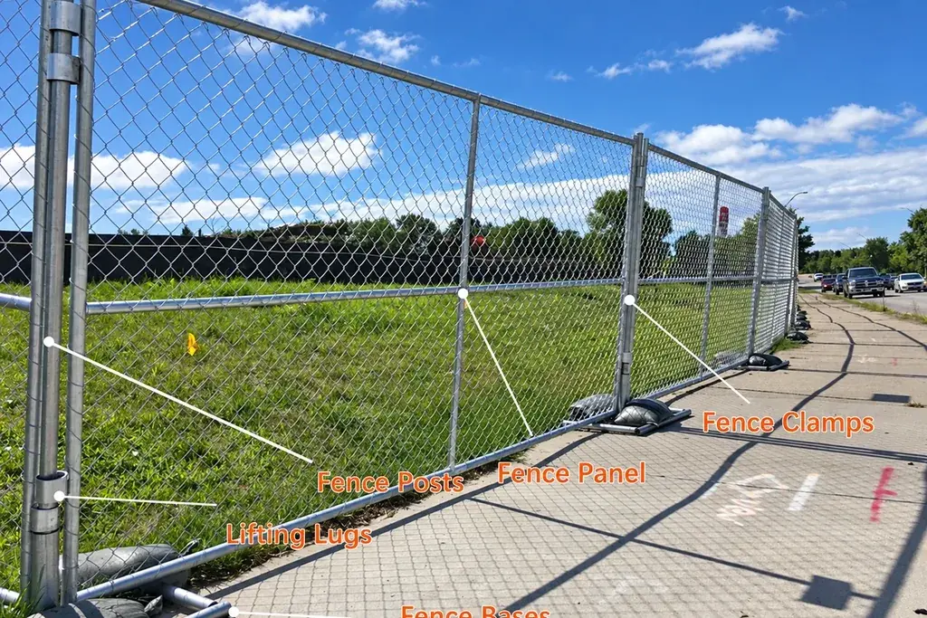 Temporary chain link fence panels joined with clamps and supported on surface feet