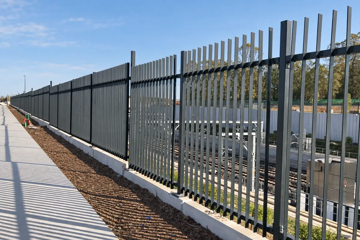 Long run of tall metal security fencing beside an industrial site