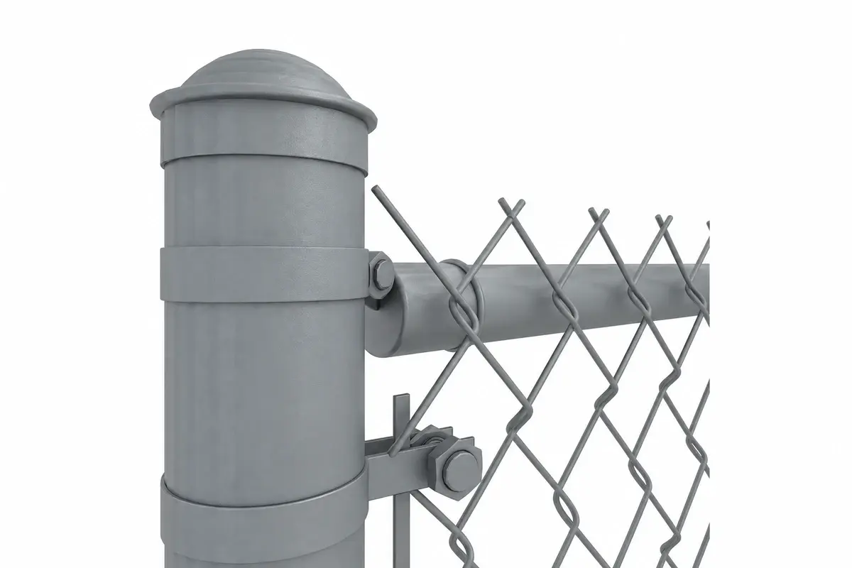 Close view of hinge hardware connecting a temporary chain link gate to its support post