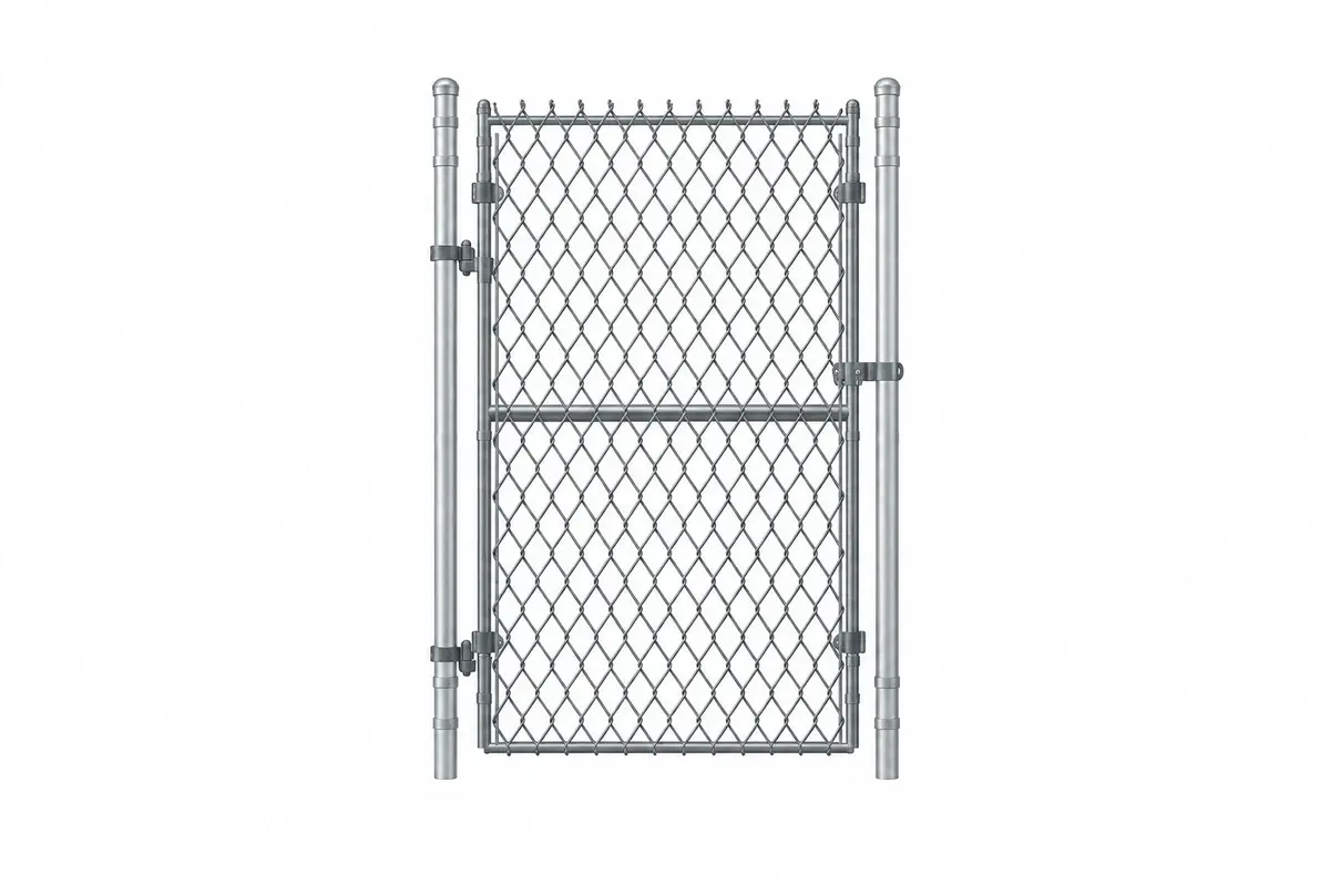 Temporary chain link pedestrian gate shown between two support posts