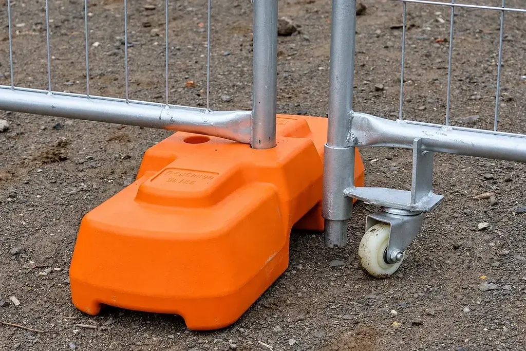 Temporary fence gate wheel beside an orange surface foot