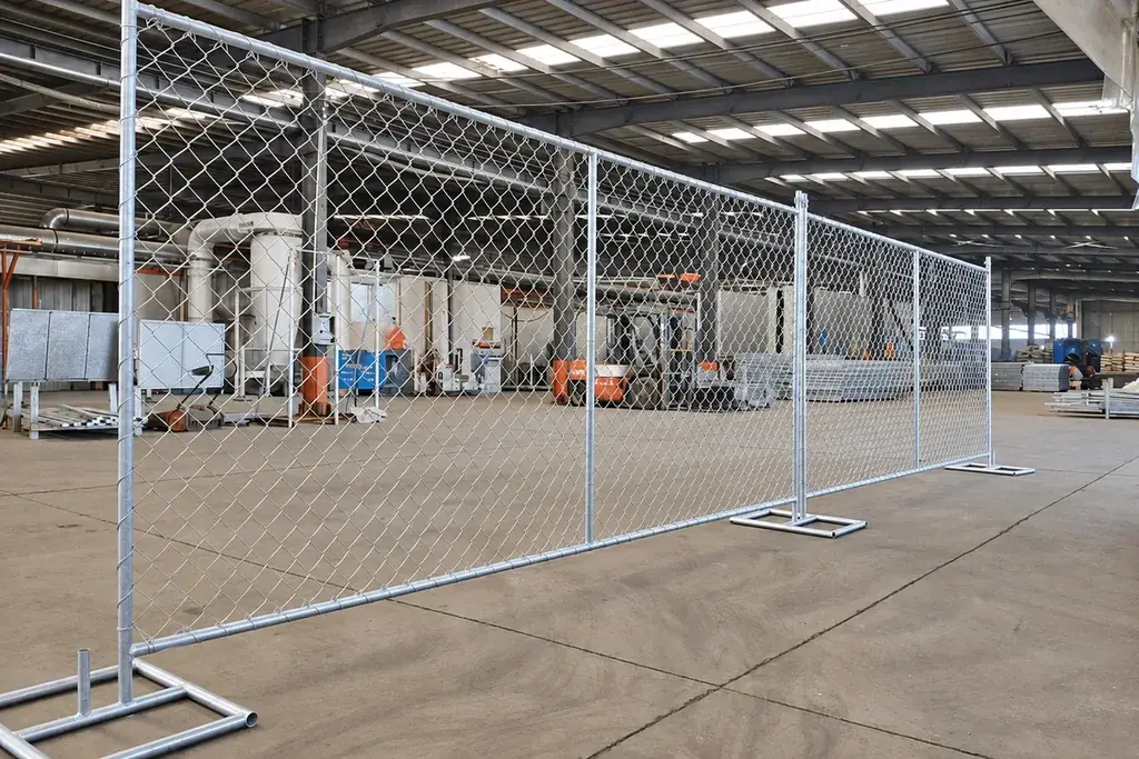 Temporary chain link fence panels standing inside a warehouse