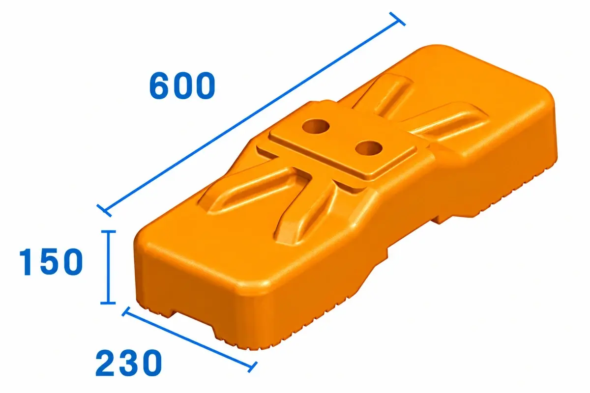 Orange temporary fence support base with connection openings