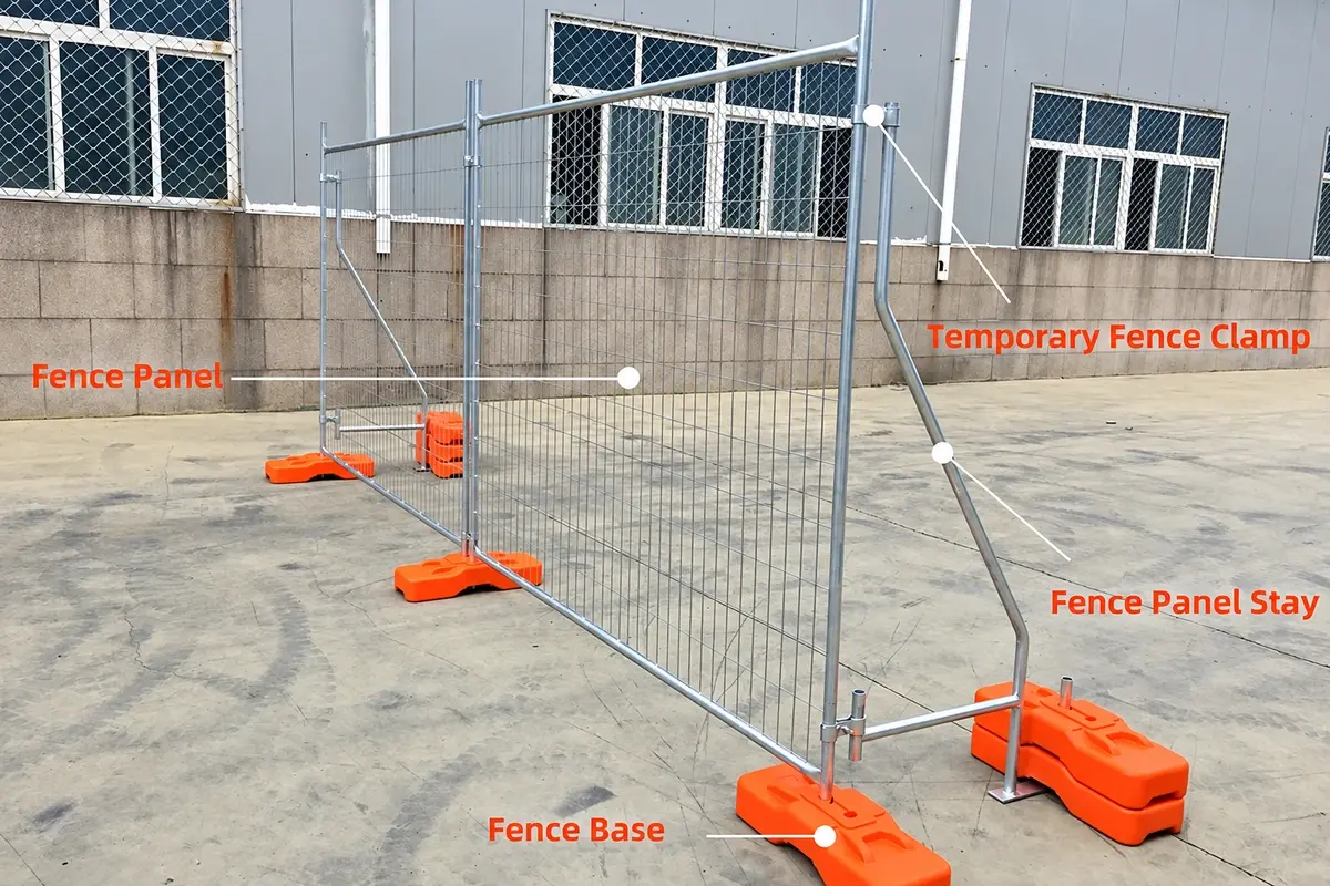Temporary welded mesh fence panels with separate orange support feet
