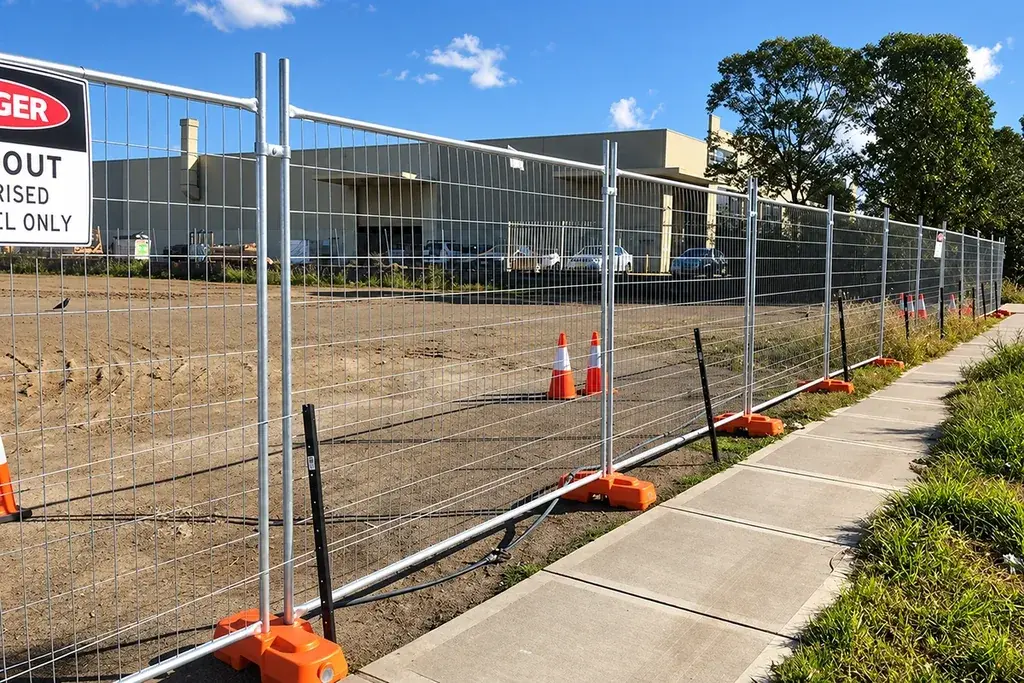 Temporary welded mesh fence line with orange support feet beside a footpath