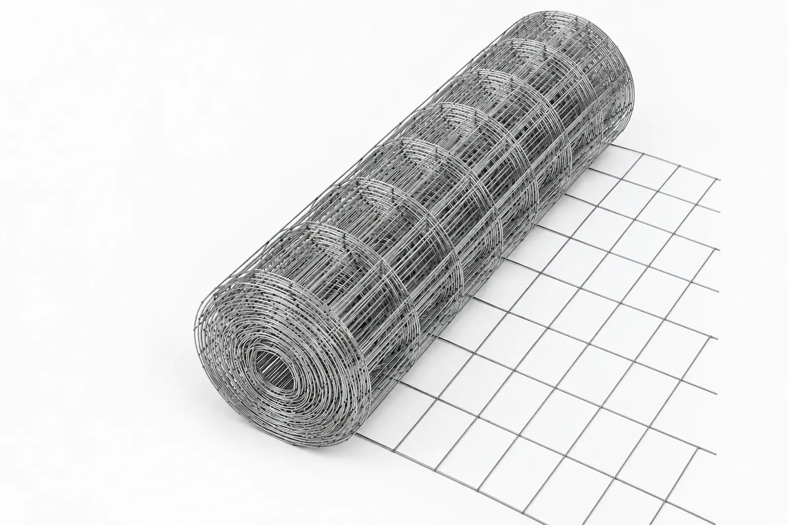 Roll of galvanized welded wire mesh with the grid extending across a white surface