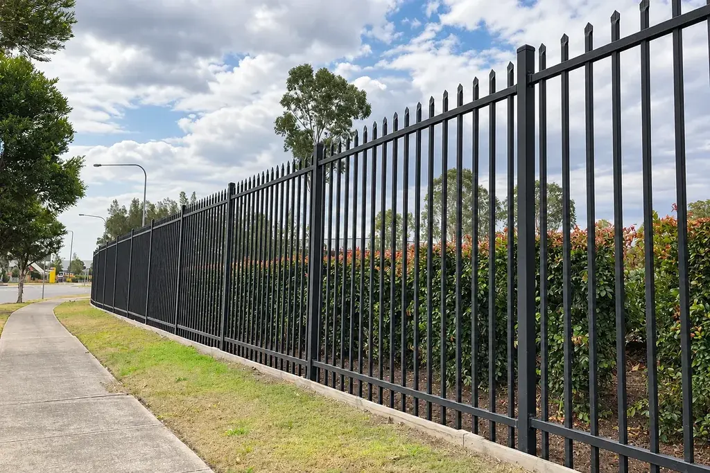 Black powder coated metal fence installed along a roadside