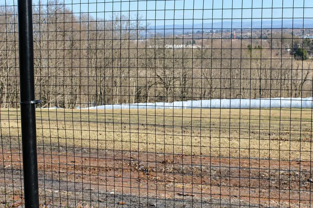 Black PVC coated welded mesh fence installed beside a field