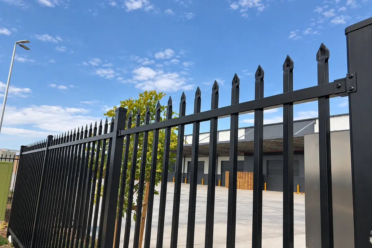Black powder coated steel fence with pointed pales beside a building