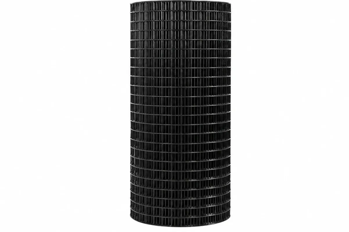 Roll of black PVC coated welded wire mesh against a white background