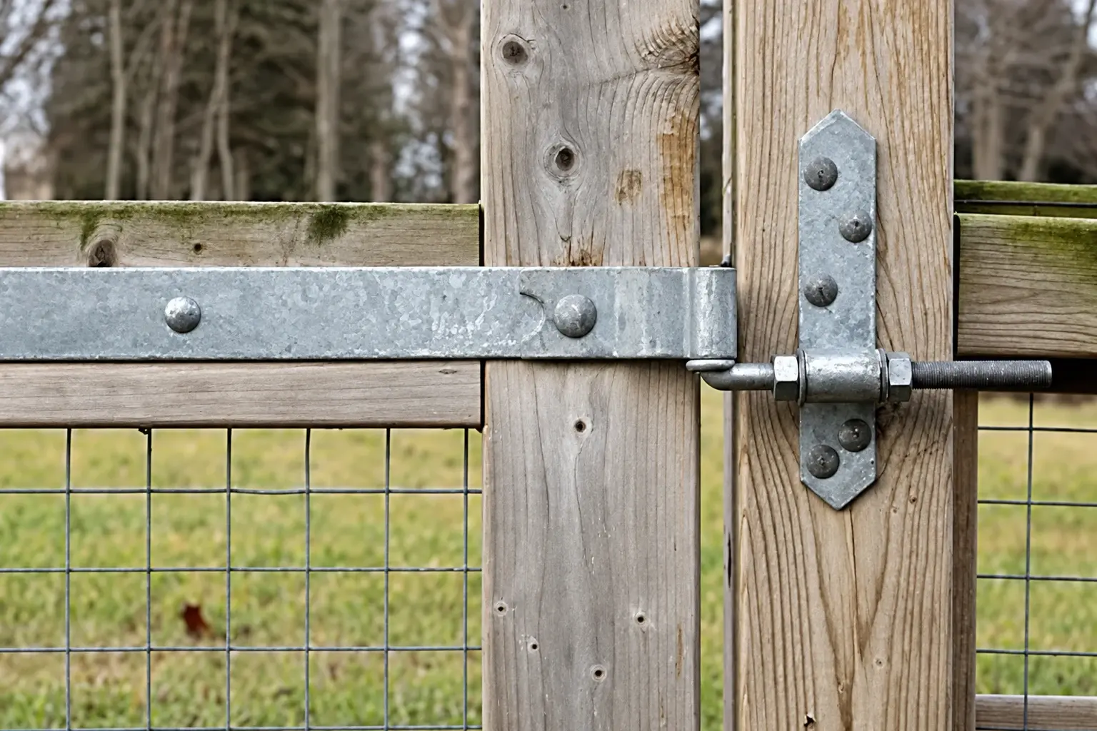Galvanized metal strap hinge fixed to a timber gate post