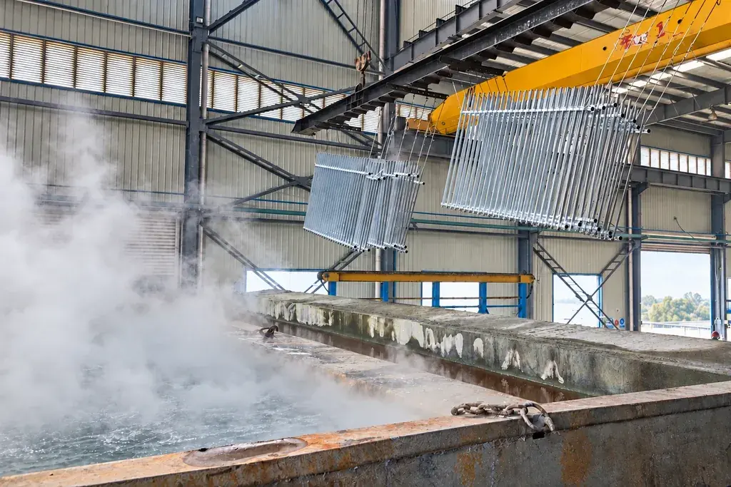 Fabricated fence panels suspended above a hot-dip galvanizing bath