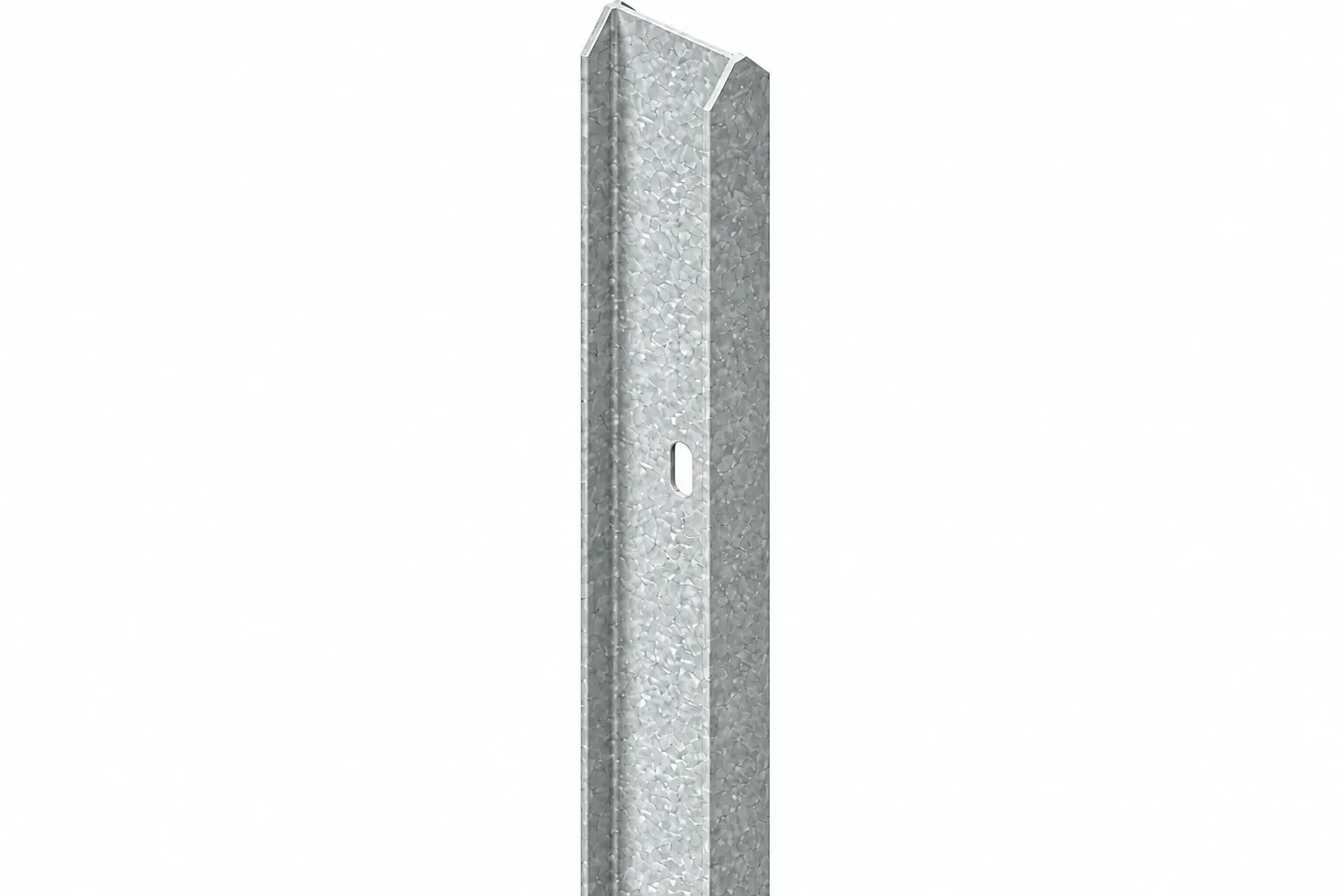 Galvanized steel fence post with a slotted face on a white background