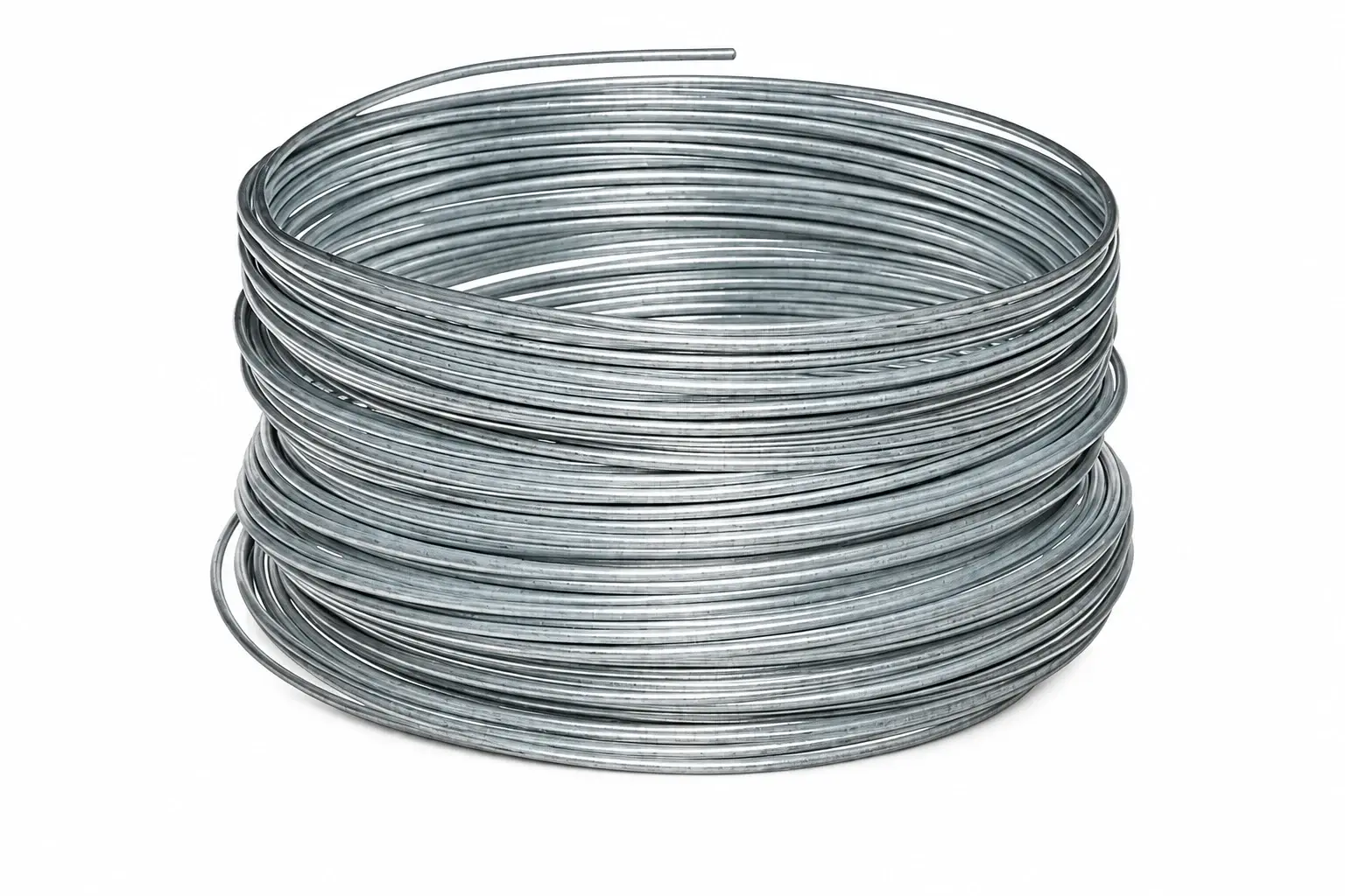 Coil of galvanized steel wire on a white background
