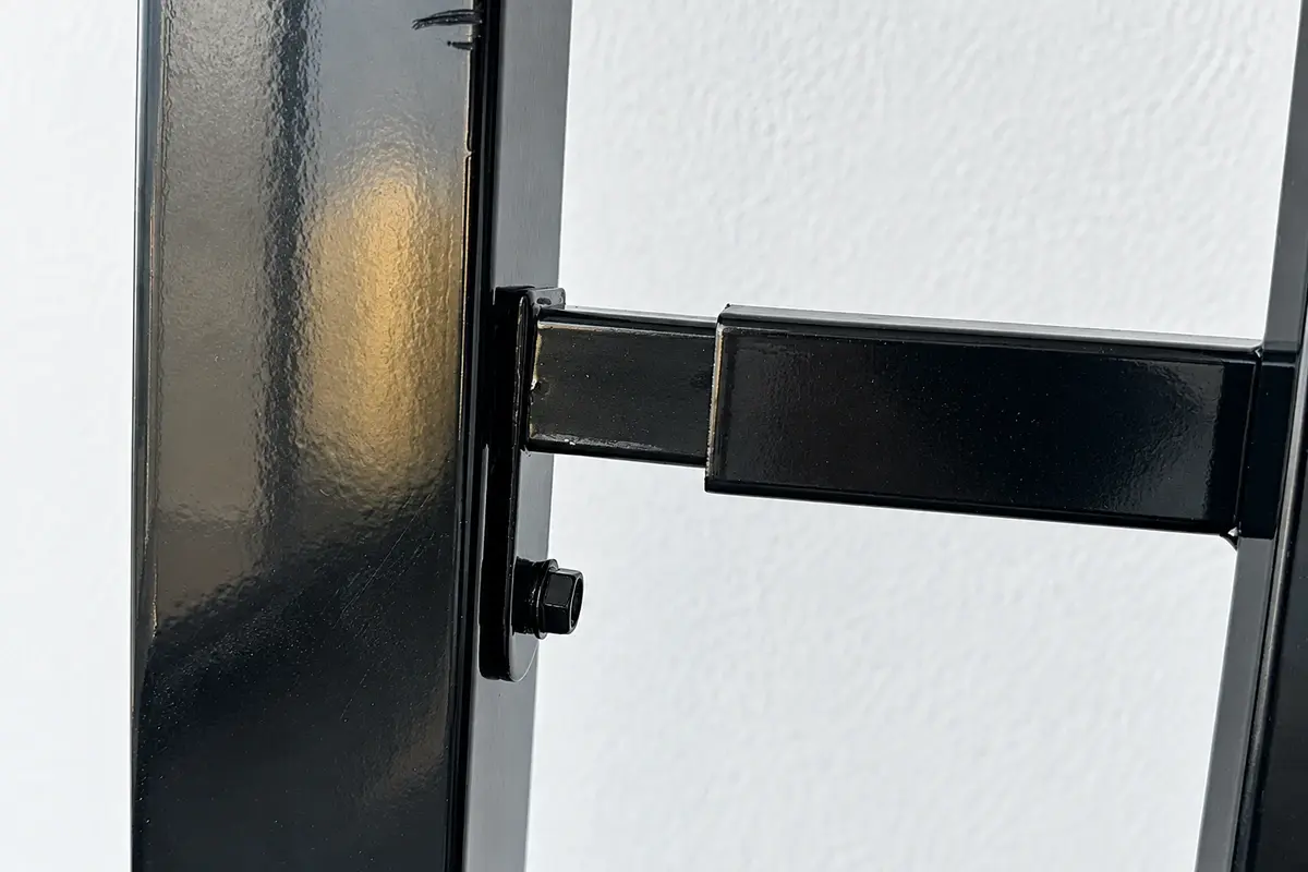 Close view of a coated steel fence joint and upright