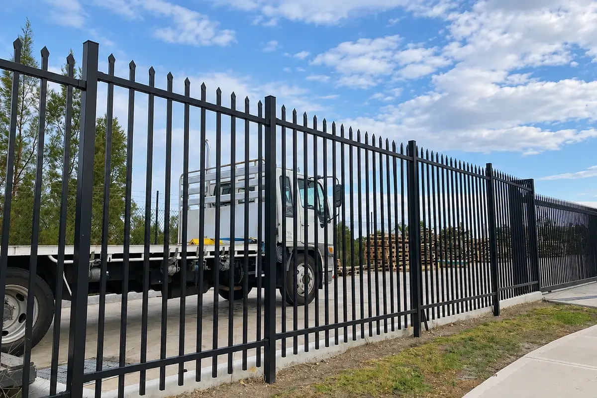Black coated steel fence installed along a roadside