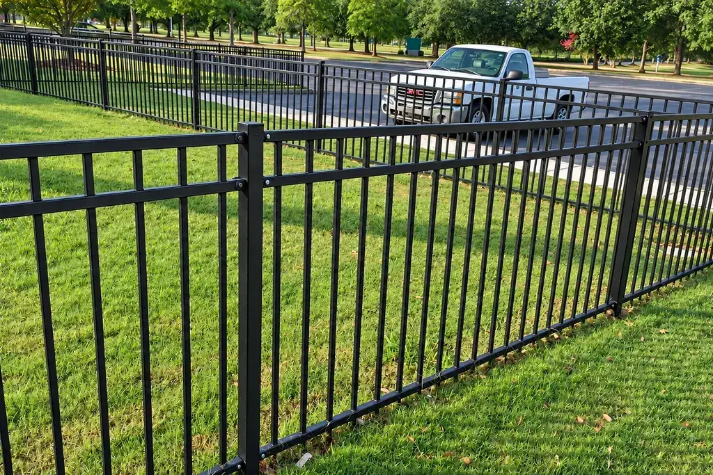 Black metal fence installed outdoors beside a grassy road verge